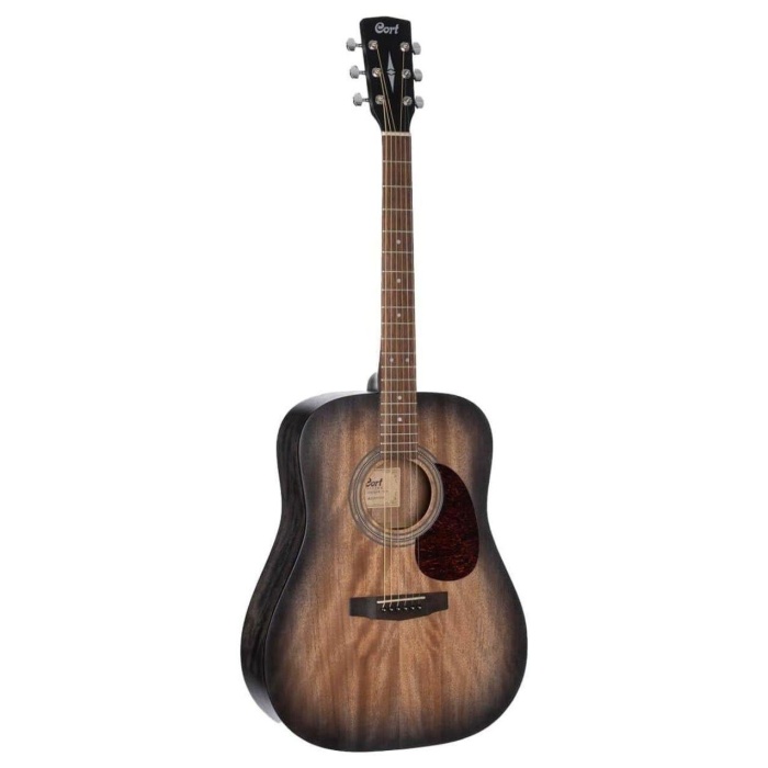 Cort Earth60M OPTB Masif Kapak Akustik Gitar - Trans Black (Başlangıç/Orta Seviye) | Masif Maun Kapak, Şeffaf Siyah Bitiş, Güçlü Orta Frekanslar ve Dreadnought Gövde